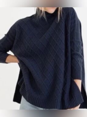 Mer Sea Sweater Lisbon Traveler Cable Knit Sweater Side Slit Tunic Navy Blue OS